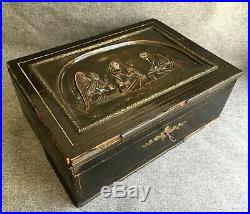 Huge antique french Napoleon III box trunk wood brass 19th century religious