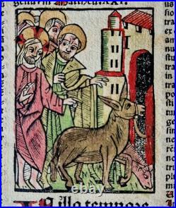 Incunabula 1495 Jezus enters Jeruzalem, hand-colored woodcut, old Bible