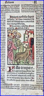 Incunabula 1495 Jezus enters Jeruzalem, hand-colored woodcut, old Bible