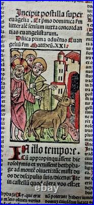 Incunabula 1495 Jezus enters Jeruzalem, hand-colored woodcut, old Bible