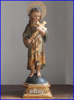 Infant Jesus w Cross in Hands Glass Eyes 22 Child Jesus Religious Art Antique