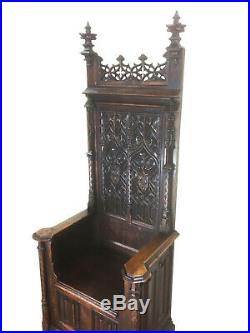 Intricately Carved French Gothic Throne Chair. 19th Century, Oak, Religious