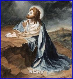 JESUS CHRIST PRAYING Antique Watercolour Painting E. ASTBURY 1928