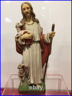 Jesus Antique Marble Statue 12 with lambs religious E T signed