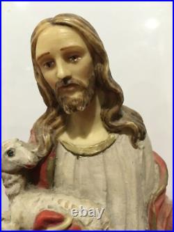 Jesus Antique Marble Statue 12 with lambs religious E T signed