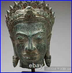 Khmer Antique Style Crowned Buddha in Bronze, Cambodian origin, 19cm/7.5 h