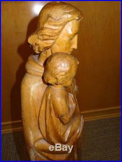 LARGE ANTIQUE Religious Wood Carving Saint Joseph Holding Child & Lillies AS IS