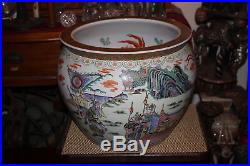 LARGE Chinese Pottery Planter Fishbowl-Painted Religious Elders Warriors-Signed