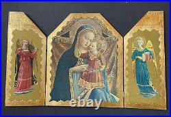 LARGE Vintage Italy GOLD Religious ANGELS TRIPTYCH PLAQUE Florentine Antique