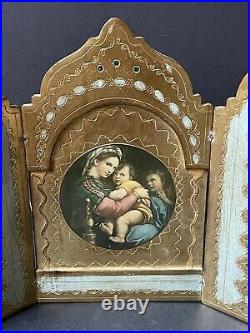 LARGE! Vintage Italy GOLD Religious TRIPTYCH PLAQUE Florentine Antique Print