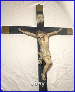 LARGE antique 18th century carved wood religious Jesus crucifix cross sculpture