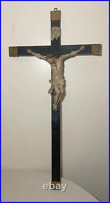 LARGE antique 18th century carved wood religious Jesus crucifix cross sculpture