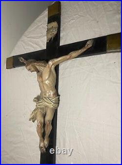 LARGE antique 18th century carved wood religious Jesus crucifix cross sculpture