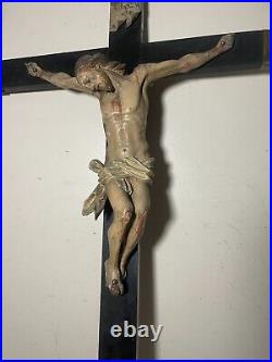 LARGE antique 18th century carved wood religious Jesus crucifix cross sculpture