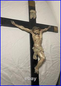LARGE antique 18th century carved wood religious Jesus crucifix cross sculpture