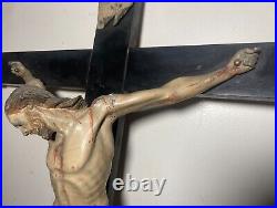 LARGE antique 18th century carved wood religious Jesus crucifix cross sculpture