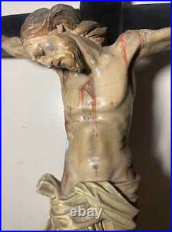 LARGE antique 18th century carved wood religious Jesus crucifix cross sculpture