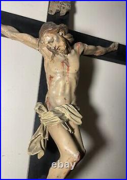 LARGE antique 18th century carved wood religious Jesus crucifix cross sculpture