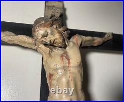 LARGE antique 18th century carved wood religious Jesus crucifix cross sculpture