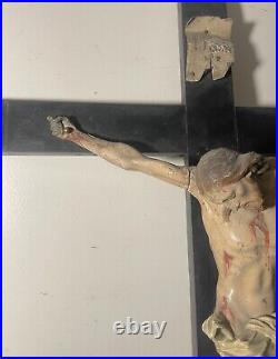 LARGE antique 18th century carved wood religious Jesus crucifix cross sculpture