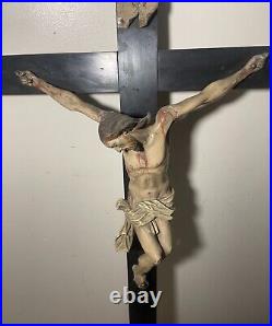 LARGE antique 18th century carved wood religious Jesus crucifix cross sculpture