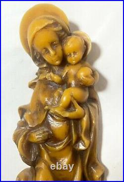 LARGE vintage antique religious Virgin Mary Jesus wax wall sculpture statue