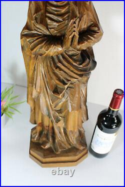 LArge Religious wood carved madonna MAry Figurine statue signed