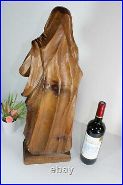 LArge Religious wood carved madonna MAry Figurine statue signed