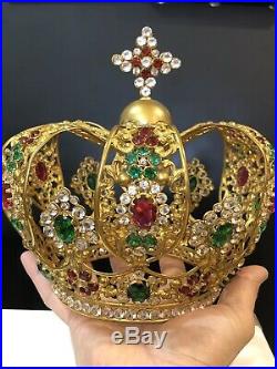 LOOK! Huge French Bejeweled Religious Gilt Ormolu Brass Crown