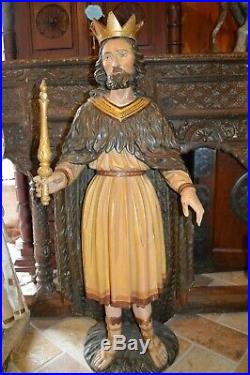 Large (103cm Tall) Antique Carved / Painted Wood Religious Statue, c1870