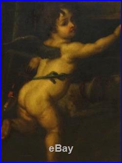 Large 17th Century Dutch old Master Putto & Dog Antique Oil Painting Van DYCK