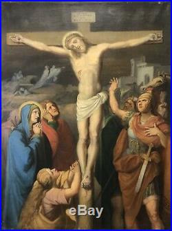Large 19th Century Antique Oil Painting On Canvas Religious Jesus Christ Cross