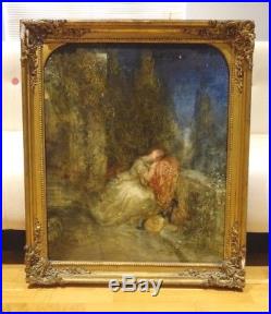 Large 19th Century Classical Lady Twilight Garden Stars Antique Oil Painting