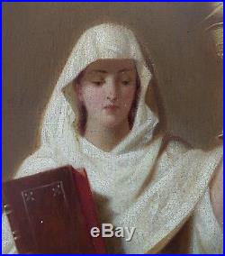 Large 19th Century Renaissance St Barbara Signed Portrait Antique Oil Painting