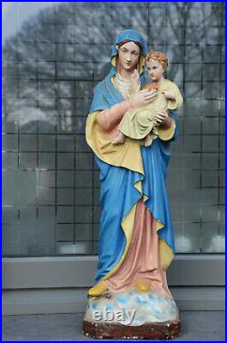 Large 20,5 Antique Plaster Chalkware Madonna Child Religious Church Figure