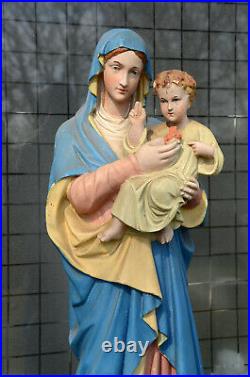 Large 20,5 Antique Plaster Chalkware Madonna Child Religious Church Figure