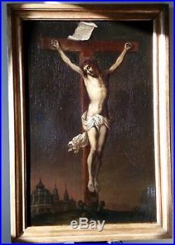 Large Antique Dutch Painting 1700 Christ On The Cross In Nazare
