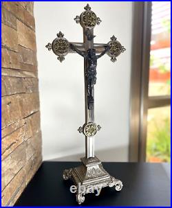 Large Antique French crucifix metal Cross Religious Jesus Christ Church Rare Large Antique French crucifix metal Cross Religious Jesus Christ Church Rare