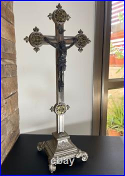 Large Antique French crucifix metal Cross Religious Jesus Christ Church Rare Large Antique French crucifix metal Cross Religious Jesus Christ Church Rare