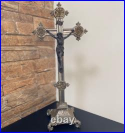 Large Antique French crucifix metal Cross Religious Jesus Christ Church Rare Large Antique French crucifix metal Cross Religious Jesus Christ Church Rare