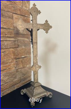 Large Antique French crucifix metal Cross Religious Jesus Christ Church Rare Large Antique French crucifix metal Cross Religious Jesus Christ Church Rare