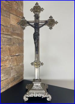 Large Antique French crucifix metal Cross Religious Jesus Christ Church Rare Large Antique French crucifix metal Cross Religious Jesus Christ Church Rare