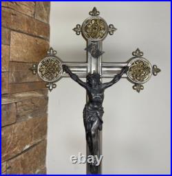 Large Antique French crucifix metal Cross Religious Jesus Christ Church Rare Large Antique French crucifix metal Cross Religious Jesus Christ Church Rare