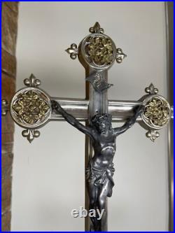 Large Antique French crucifix metal Cross Religious Jesus Christ Church Rare Large Antique French crucifix metal Cross Religious Jesus Christ Church Rare