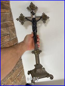 Large Antique French crucifix metal Cross Religious Jesus Christ Church Rare Large Antique French crucifix metal Cross Religious Jesus Christ Church Rare