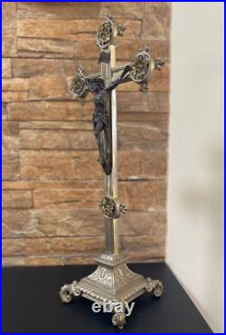 Large Antique French crucifix metal Cross Religious Jesus Christ Church Rare Large Antique French crucifix metal Cross Religious Jesus Christ Church Rare