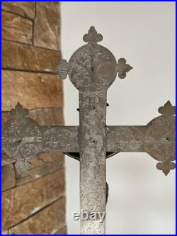 Large Antique French crucifix metal Cross Religious Jesus Christ Church Rare Large Antique French crucifix metal Cross Religious Jesus Christ Church Rare
