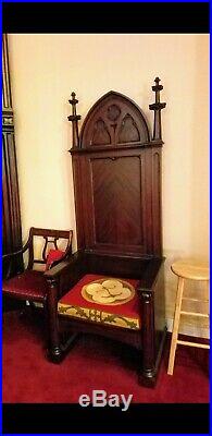 Large Antique Gothic Mahogany Wood Church Throne Bishops Chair Religious