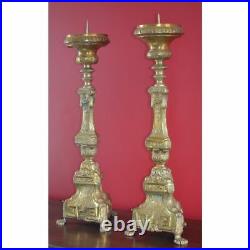 Large Antique Pair Baroque Religious Brass Church Altar Candelabras Candlesticks