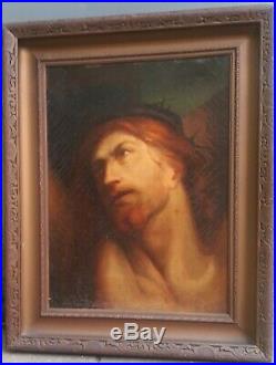 Large Antique Portrait Jesus Christ Crucifixion Religious Art Painting Unsigned